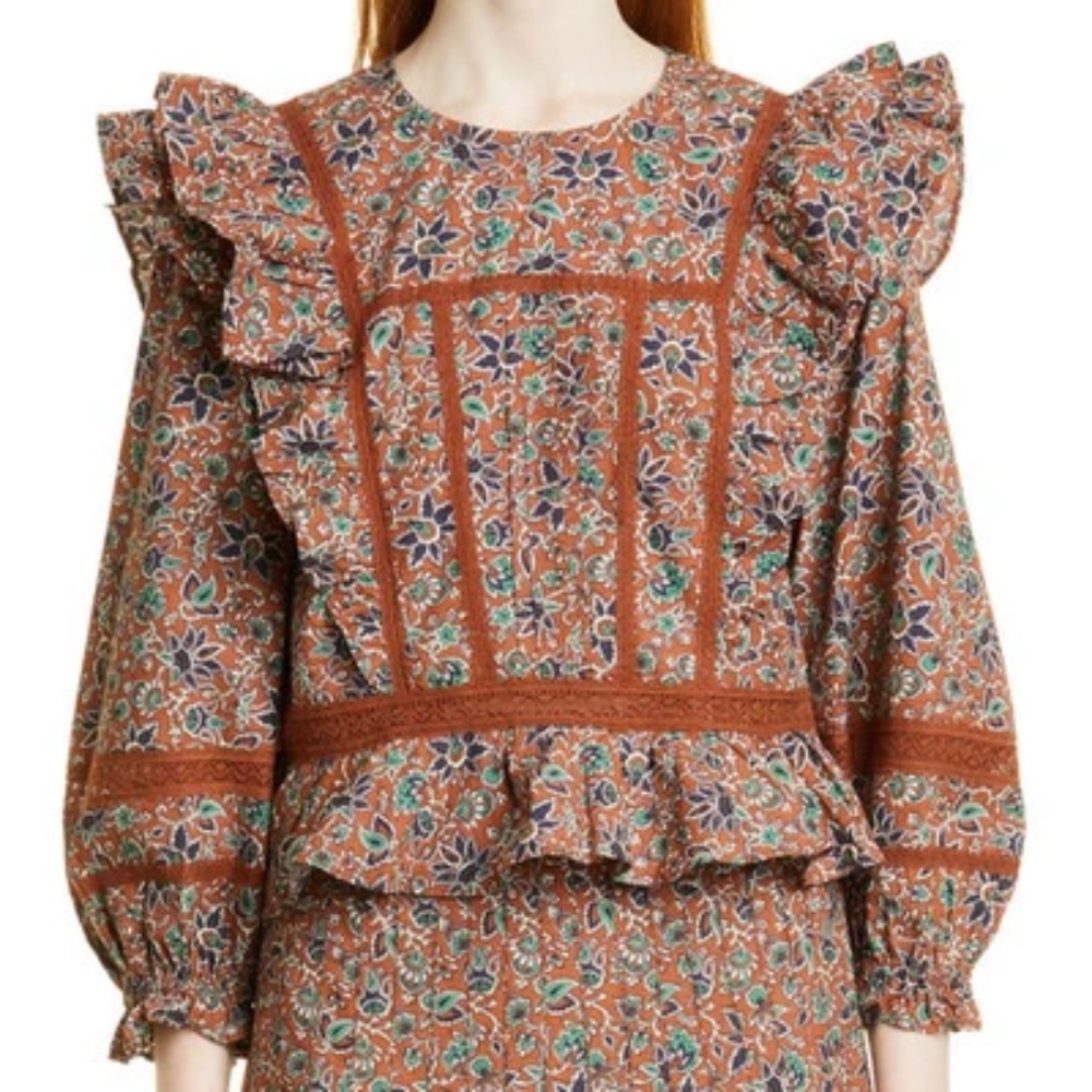 Veronica Beard Long Sleeve Floral WESLAYAN Ruffle Blouse in Cinnamon Brown Sz 2 - Picture 2 of 13